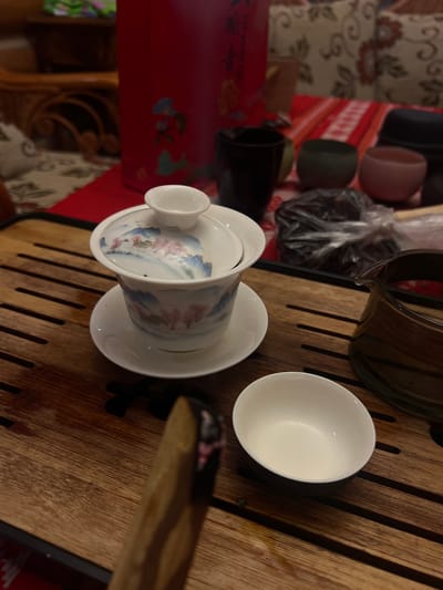 A close-up, low-angle shot captures a traditional Chinese tea set arranged on a wooden tea tray. In the center, a lidded gaiwan, adorned with delicate blue and pink mountain and floral motifs, sits on its saucer. To the right, a small, white tea bowl is positioned on the tray. Further to the right, a dark brown ceramic teapot with a curved handle is visible. In the background, several small, colored tea cups, a black ceramic mug, and a red box with a floral design are partially visible on a red patterned tablecloth. The scene is indoors, and no people are present. The overall atmosphere suggests a quiet moment of tea preparation or enjoyment. The location is in Zima Yuzhnaya, Russia.
