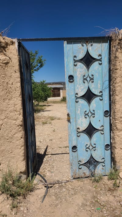 An outdoor, eye-level shot depicts a partially open, blue metal gate set into a tan, stucco-like wall. The gate’s design features decorative black diamond shapes and circular cutouts. Beyond the gate, the ground is barren, and a small, green tree is visible. In the distance is a simple building with a window. The sky is a clear, deep blue. The location is Ziarat, Pakistan, as implied by the user’s request. The overall scene suggests a rural or underdeveloped area.