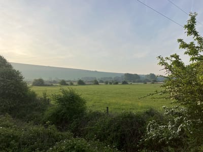 The image depicts a rural landscape, possibly located near Lewes, United Kingdom. A large, green field dominates the central part of the image, potentially used for agriculture or pasture. The field is bordered by trees and bushes, particularly abundant in the foreground and forming a natural frame on either side of the view. A hill or ridge rises in the background, its shape softened by a light mist. Overhead power lines cut across the sky. The sky is overcast, with a soft, diffused light, suggesting it is either early morning or late evening. There are no people visible in the image.