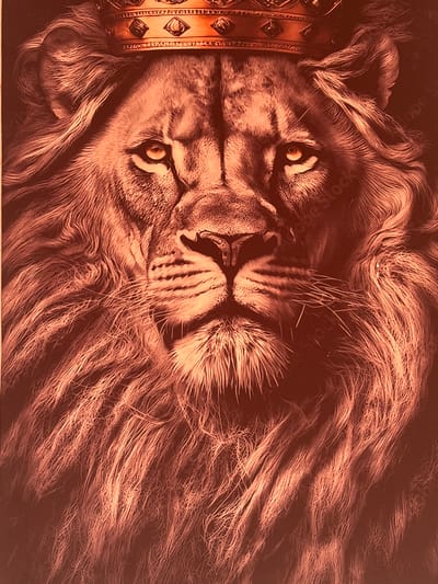 This is a close-up, low-angle, portrait-style image of a lion wearing a crown. The lion is looking directly at the viewer with its mouth closed. Its mane is full and flowing, and its fur is detailed and textured. The crown is ornate and appears to be made of gold with gemstones. The lighting is dramatic, with strong highlights and shadows that emphasize the lion's features. The overall color palette is warm, with dominant shades of orange, brown, and gold. The background is dark and out of focus, making the lion the sole subject. There is no indication of the city of Zlataritsa, Bulgaria, in the image.