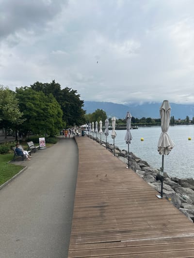 This image depicts a section of the promenade along the shore of Lake Geneva in Vevey, Switzerland, under an overcast sky. The scene is divided into two primary pedestrian zones running parallel to the lake.

To the right, a wide wooden boardwalk, constructed from horizontally laid planks, extends into the distance, directly bordering the lake via a riprap embankment composed of large grey rocks. At least nine large, light-grey beach umbrellas, currently closed and furled, are evenly spaced along the edge of the boardwalk, supported by dark poles anchored into the rocky shore. Two yellow spherical buoys are visible floating on the calm, blue-grey lake surface, with one prominent in the mid-ground.

To the left of the boardwalk is a slightly elevated, grey asphalt or paved path that curves gently. Adjacent to this path, on a strip of green grass, are three slatted wooden benches. A single individual, dressed in a dark jacket and light trousers, is seated on the closest bench in the lower-left quadrant, facing the lake with bare feet. Further down the asphalt path, a group of approximately five to seven pedestrians, dressed in casual clothing, are walking away from the viewer. A white A-frame sign, possibly advertising, is positioned on the grass between two benches.

Lush green trees and shrubs line the far left side of the paved path. In the background, distant mountains rise from the far side of Lake Geneva, partially obscured by low-hanging clouds. A single dark bird is visible in flight in the upper-center portion of the overcast sky. The overall lighting is diffused, consistent with a cloudy day.