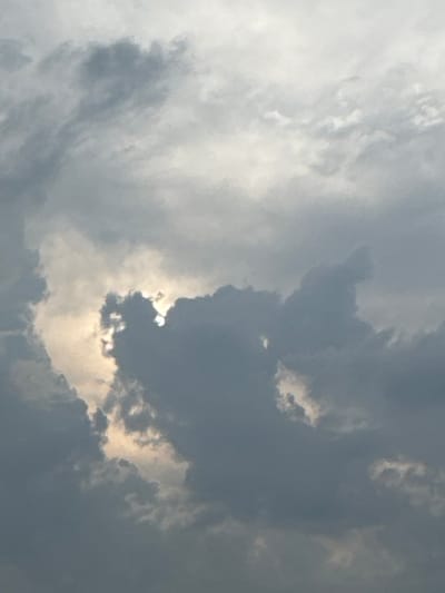 The image depicts a dramatic sky filled with dark, turbulent clouds. The sun is partially obscured by these clouds, creating bright, ethereal shafts of light that pierce through the gloom. One prominent cloud formation in the center of the frame appears to resemble a face or a creature, with the sunlight highlighting its contours. The overall mood is one of powerful and dynamic weather, perhaps indicating an approaching storm or a break in heavy rain. The colors are muted, dominated by grays, whites, and blues, characteristic of an overcast or stormy sky. The scene is a natural, outdoor environment, with no discernible man-made objects or human presence. The location context of Brashlen, Bulgaria, suggests this is a view of the sky over that region. The time of day is likely daytime, given the presence of the sun, but the heavy cloud cover makes it difficult to determine the exact hour.