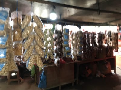 This media file captures the interior of a local market stall in Pantegakibale, Indonesia, brimming with various packaged snacks. The scene is dominated by numerous clear plastic bags filled with food items, primarily light-colored, roundish snacks resembling puffed crackers or small biscuits, and some darker items that could be dried fruits or other savory treats. These bags are suspended from lines strung across the low ceiling, creating a dense canopy of products. Many bags feature blue labels, though the text on them is unreadable due to blurriness.
Below the hanging merchandise, wooden tables or counters display more goods, and woven baskets are visible on and under these surfaces. A single bare lightbulb hangs from the ceiling, providing additional illumination to the shaded stall. Bright natural light filters in from the background, suggesting it is daytime.
A person is partially visible on the left side of the frame, seated or crouching low behind a small wooden stool. Only their lower body, including legs and bare feet, is discernible, dressed in dark trousers. Their activity is unclear. Blue fabric bags or cloths are hanging on either side of the stall. The overall setting is rustic, indicative of a typical local market or roadside vendor in the region.