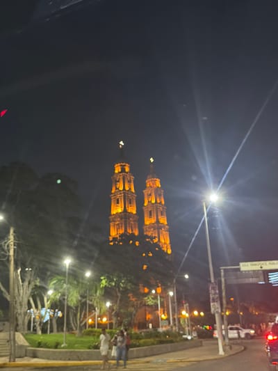 At night, a brightly illuminated cathedral with two prominent towers is reflected on a wet surface. Streetlights line a park area in front, with some people walking by. A street sign is visible, and cars can be seen further down the street. The scene is heavily lit, with reflections creating a symmetrical effect.