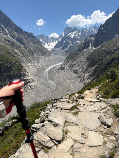 The image depicts a first-person perspective of a hiker on a rocky mountain trail, likely in Chamonix-Mont-Blanc, France. The hiker is holding a red and black trekking pole. The scene is a steep, rugged mountain landscape with a dramatic drop. In the distance, a vast glacier or scree slope descends between imposing, rocky peaks. Snow-capped mountains and a clear blue sky with scattered white clouds frame the dramatic vista. The trail itself is composed of large, uneven rocks and patches of sparse vegetation, including some green grass and small pink flowers. The time of day appears to be midday, given the bright sunlight and strong shadows. The overall mood is one of adventure and awe at the grandeur of the natural environment. There is no visible text in the image.