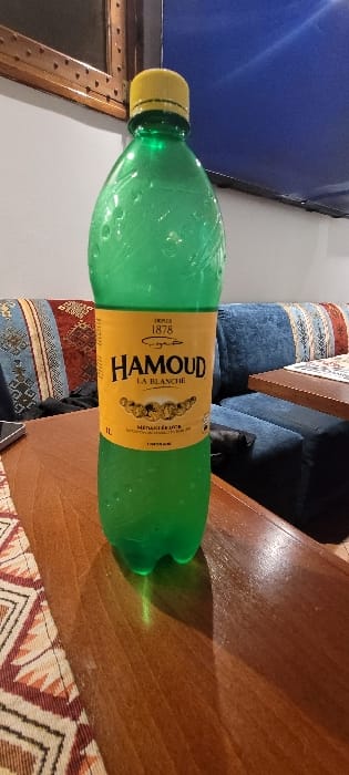 A green plastic bottle labeled "HAMOUD LA BLANCHE" rests horizontally on a brown wooden surface. The bottle has a yellow cap. The background includes a portion of a blue couch and a patterned rug. Part of a dark-framed screen is visible near the bottle's cap. The lighting creates a distinct shadow of the bottle on the wooden surface.