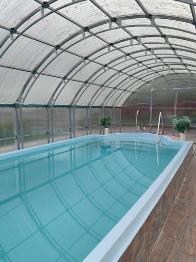 An indoor swimming pool is situated within a structure covered by a transparent, arched roof supported by a metal frame. The pool itself is rectangular with light blue water and a white border. The surrounding deck is tiled with a wood-grain pattern. Two stainless steel railings lead into the pool. On either side of the pool, near the far end, are two potted green plants. The walls of the structure appear to be made of transparent material, allowing a view of the exterior, which is blurred but suggests an outdoor environment. The lighting is diffuse, likely due to the overhead cover. The overall scene depicts a clean and well-maintained recreational facility.