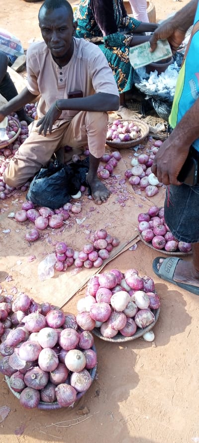 A vendor squats amongst piles of red onions, some in woven baskets. He wears a light brown outfit, bare feet, and a gold bracelet. A customer hands over cash for small white bags of goods. The ground is reddish-brown. The scene depicts a bustling marketplace.