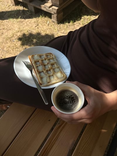 An overhead shot shows a person holding a white cup of coffee with foam and a white plate with a waffle and a fork on a wooden bench. The person is wearing a brown top. The background consists of dry grass and shadows cast by sunlight on a wooden structure. The scene appears to be outdoors.