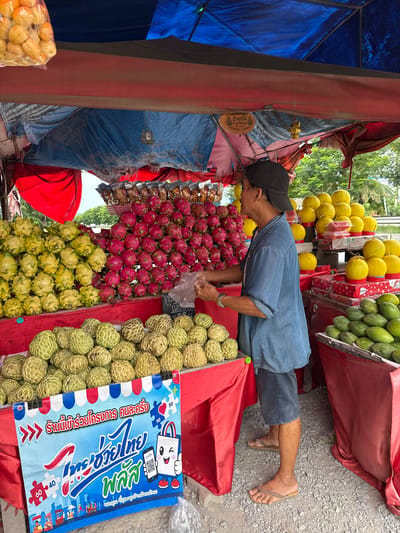 An outdoor fruit stand in Rai Mai, Thailand displays a variety of fruits for sale. A man wearing a dark baseball cap, a blue denim shirt, and dark shorts stands behind a table laden with produce. He is holding a plastic bag and appears to be interacting with a customer who is out of frame. The stall is covered by a blue and red tarp.

The fruits displayed include piles of yellow dragon fruit and red dragon fruit, both on tiered stands. In the foreground, a large quantity of custard apples is arranged on a red tablecloth. To the right, a bin is filled with green mangoes. A colorful banner with puzzle pieces and cartoon imagery is positioned in front of the custard apples. The ground beneath the stall is covered in gravel. In the background, trees and a glimpse of a road suggest an urban or semi-urban setting. A small, ornate decoration hangs from the tarp above the fruit.