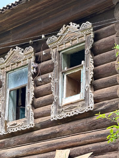 The image shows two weathered, ornately carved window frames set into a rough-hewn wooden structure, presumably a building in Medvedka, Russia. The frames are partially open, revealing glimpses of the interior. Above the windows, the wooden construction suggests a ceiling or roof structure. Electrical wires with ceramic insulators are visible running along the ceiling. A small bird's nest is built in the top corner of the bottom window frame. Green foliage hangs down from the roof above the windows.