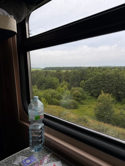 An indoor shot from a train window offers a view of the outskirts of Zhernovki, Russia. The scene captures a water bottle on a table in the foreground, with a lush green landscape visible through the window. The landscape is characterized by dense forests and fields under a cloudy sky. The interior of the train is dimly lit, contrasting with the bright, natural light from the outside. The overall atmosphere is serene, suggesting a journey through the countryside.