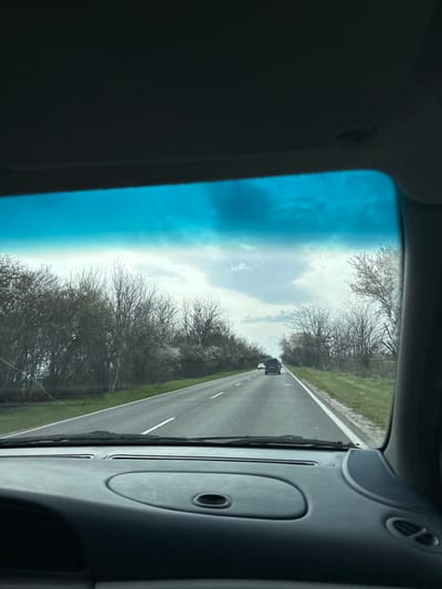 The image depicts a view from the interior of a vehicle, looking forward through the windshield onto a two-lane asphalt road. The scene is located in the vicinity of Madzherito, Bulgaria.
The top portion of the frame shows the dark fabric of the vehicle's headliner. Below this, the windshield exhibits a blue-green tint along its upper edge, transitioning to clear glass. The windshield appears to have minor streaks or dust. The vehicle's dark-colored dashboard occupies the bottom portion of the frame, featuring a central oval depression with a circular opening, and speaker grilles are visible on the far right.
The road extends into the distance, appearing to curve gently to the right. It features a solid white line marking the right shoulder and a dashed white line separating the two lanes of traffic. Two vehicles are visible ahead, traveling in the same direction: a dark-colored van or SUV followed by a lighter-colored sedan.
On both sides of the road, dense lines of deciduous trees are visible, many still bare, indicating early spring, with some trees displaying clusters of white blossoms. Green grass lines the road shoulders. The sky above is overcast with varying shades of gray and white clouds. No individuals are visible.