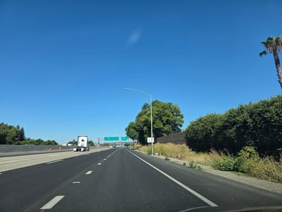 The image shows a view from a vehicle traveling on a highway under a clear blue sky, indicating a sunny day. The road ahead is paved and marked with white lane lines. On the left side of the road, a concrete barrier separates the highway from an area with trees and some orange traffic cones. Further down the highway, a white semi-truck is visible in the right lane.
On the right side of the highway, there is a thick hedge of green bushes and some dry, overgrown vegetation along a low wall. A tall palm tree stands out against the sky. In the distance, highway signs with green backgrounds provide directions. One sign indicates "99 North Sacramento" and another shows "453 / 160 / San Francisco". A smaller sign on a pole on the right side of the road reads "MA 223 EXIT". The overall scene suggests a typical highway journey in a warm climate during the daytime. No people are directly visible in the image.