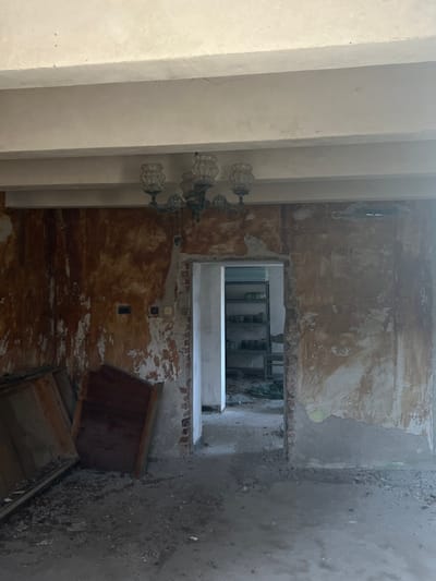 The scene depicts a severely dilapidated interior space located in Panichkovo, Bulgaria, characterized by extensive structural decay and a desolate environment. The room is unfurnished, with a concrete or screed floor heavily covered in dust, dirt, and fragmented debris, including pieces of plaster and small rubble. The walls exhibit significant damage; the original plaster has largely peeled away, revealing a reddish-brown undercoat and exposed brickwork in many areas. Remnants of lighter paint, including some faint green on the right wall, are visible beneath the peeling surfaces.

A prominent feature is an old, ornate chandelier, dark-colored and equipped with five glass shades, hanging centrally from the ceiling. The ceiling itself is a light-colored, possibly concrete structure, with visible beams showing minor cracks and discoloration.

In the center of the far wall, an open rectangular doorway, featuring exposed brick jambs, leads into an adjacent room. This secondary room appears equally derelict, with a debris-strewn floor. Against its back wall, a set of light-colored metal or wooden shelves holds numerous glass jars or containers. A partial view of a discarded chair or piece of furniture is visible to the right within this inner room.

On the left side of the foreground, two dark wooden panels, possibly sections of old furniture or doors, lean against the damaged wall, partially obscured by the accumulated debris. No people are present, and no active interactions or actions are depicted. The overall impression is one of abandonment and prolonged neglect, with natural light illuminating the scene, likely from an unseen source.