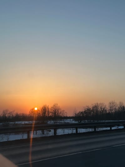 The image displays a sunset or sunrise over a landscape in Poddubki, Russia. The sky transitions from a light blue at the top to orange and red tones near the horizon. A prominent, bright circular sun is partially visible through a line of bare deciduous trees. White snow patches are present on the ground behind the trees, indicating a winter or early spring environment. A metallic guardrail extends horizontally across the lower-mid portion of the frame, separating the snow-covered area from a dark asphalt road visible in the lower right foreground. A subtle lens flare or reflection is visible in the lower-left foreground. No human or animal subjects are depicted.