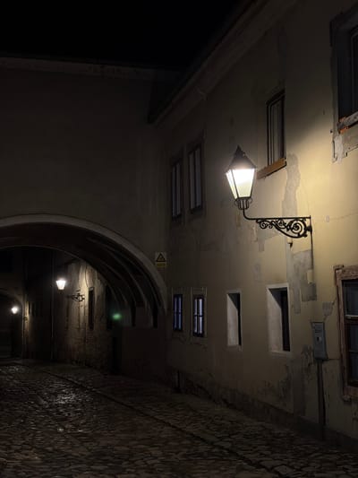 This media file captures a dimly lit, narrow urban passage at night, likely in Osijek, Croatia. The perspective looks along the passage, highlighting the overhead structure and a textured wall.
The ceiling, appearing light-colored but aged, shows significant wear with visible cracks, peeling paint or plaster, and areas where darker underlayers are exposed. Several rectangular openings, some resembling small windows or vents with grates, are cut into the ceiling.
A prominent, traditional-style street lamp, featuring a bright, glowing bulb housed in a lantern, hangs from an ornate black wrought-iron bracket mounted on the ceiling. This lamp casts a strong, warm, yellowish light that illuminates its immediate surroundings. Further down the passage, within darker, vaulted archways, other smaller, similar lamps can be faintly seen, providing additional light.
To the right, a rugged wall made of rough-hewn stones or cobblestones extends into the distance, reflecting the artificial light. The left side of the passage is darker, revealing a smoother wall or building facade. The passage recedes into deep, arched structures, conveying a sense of depth and historical architecture.
A yellow triangular warning sign with a black border and a black symbol (likely an electrical hazard or general caution) is affixed to the ceiling. No people are present, and no specific activities are taking place. The scene conveys a quiet, atmospheric, and historic evening setting.