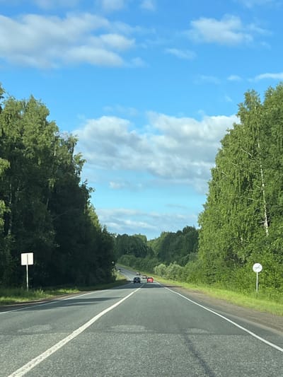 The image depicts a two-lane asphalt road with white lane markings, bordered by dense green trees on both sides. The road curves gently towards the horizon, where it disappears into a wooded landscape under a bright blue sky with scattered white clouds. Several vehicles are visible on the road ahead, including a dark-colored car and a red car. On the left side of the road, a white square sign on a pole is visible. On the right side of the road, a circular white sign on a pole is present. The scene suggests a drive through a rural or suburban area with a natural environment. There are no people clearly visible in the image. The location is identified as being in the city of Кукуи, Russia.