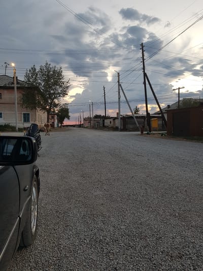 The image depicts a rural street scene in Dolen Rural District, Kazakhstan, during what appears to be either sunrise or sunset, indicated by the warm hues in the sky and the long shadows. The sky is filled with dramatic, dramatic clouds, suggesting dynamic weather.
The foreground is dominated by the gravel road and the side of a black car, with its wheel and part of its body visible. In the middle ground, a light-colored cow stands near a building with a weathered facade and a blue-trimmed window. Another building, appearing to be a workshop or shed with a dark, corrugated metal roof, is also visible. Numerous utility poles with an intricate network of wires stretch across the scene, a common sight in rural areas, suggesting the presence of electricity and communication infrastructure. A few other small buildings, some with visible windows and doorways, are scattered along the road.
Further in the background, more utility poles and buildings are visible, extending into the distance. The overall impression is one of a quiet, perhaps remote, rural community. There is no visible text in the image. The mood is tranquil, with a sense of everyday life unfolding under the vast, clouded sky.