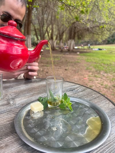 The scene depicts an outdoor setting in Ait Ouaarda, Morocco, characterized by a verdant landscape with numerous trees featuring light-colored trunks and a ground covered by green grass and patches of bare earth. In the foreground, a weathered wooden table supports a round, silver-colored metal tray with a concentric square pattern. A partially visible male individual, wearing dark sunglasses and light-colored clothing, holds a red enamel teapot and is actively pouring a stream of golden-brown liquid into a clear glass. The glass, positioned on the tray, contains several fresh green mint leaves and some initial liquid. Adjacent to the glass on the tray are a pale yellow, rectangular block of sugar and additional loose green mint leaves. The tray exhibits minor liquid spills and scattered residue. In the blurred background, several other individuals are faintly discernible within the tree-lined grassy area, suggesting a recreational or picnic environment.