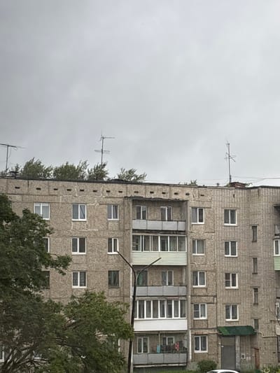 The image shows the exterior of a multi-story apartment building in Nevyansk, Russia, under an overcast sky. The building is constructed of light-colored brick and concrete panels, with a textured facade. Multiple windows, many with white frames, are visible across the different levels. Some windows appear to have balconies or enclosed sunrooms. The rooftop features several television antennas and is lined with trees that obscure the top stories in places. A dark street lamp is positioned in front of the building, partially obstructing some windows. The ground level shows a small green awning over an entrance, with a dark door. A portion of a white car is visible at the bottom right of the frame. The overall impression is of a typical residential building in a Russian city.
