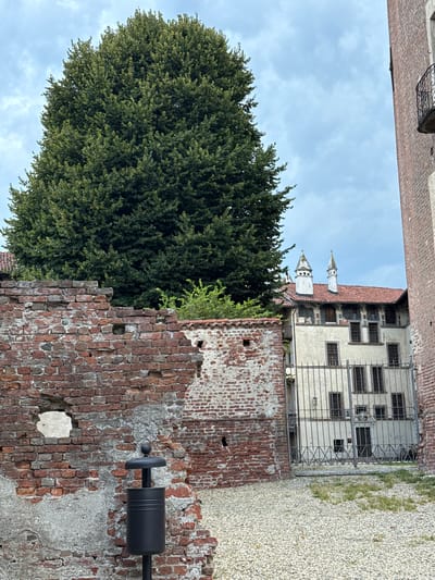 This image depicts a section of the historic town of Lagnasco, Italy, specifically focusing on the exterior of the Castello di Lagnasco. In the foreground, a weathered and partially crumbling brick wall dominates the left side of the frame. This wall exhibits significant signs of age, with missing bricks and exposed plaster. A black trash receptacle with a rounded lid stands against this wall.
To the right of the wall, a large, dense green tree with a full canopy is visible, its branches reaching towards the cloudy sky. Behind the tree and the brick wall, a light-colored building with a red-tiled roof can be seen. This building has multiple windows and features decorative architectural elements, including two distinctive spire-like structures on its roof. A tall, ornate metal gate separates the open area in front of the building from the viewer's perspective, revealing more of the building's facade. The ground in front of the gate and extending towards the foreground is covered with light-colored gravel, with patches of green grass growing through. To the far right, a portion of another brick structure, likely part of the castle complex, is visible, featuring a wrought-iron balcony. The overall impression is one of historical architecture and natural elements in an outdoor setting under an overcast sky.
