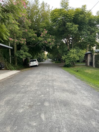 The image depicts a residential street in Hudson, Argentina, characterized by a unpaved, gravel surface extending straight into the background under a canopy of trees. The time of day appears to be daylight, with ambient illumination.

On the left side of the road, a white Volkswagen Up! vehicle (license plate AD 937 IA, Argentina registration) is parked facing away from the camera, partially off the gravel onto a dirt shoulder and surrounded by dense green foliage and tree trunks. The upper left corner shows a portion of a gray, possibly metallic, overhang structure. Several large trees with prominent green leaves and scattered pink blossoms (consistent with Ceiba speciosa or similar) line this side, creating a dense green wall. A black object, possibly a small trash receptacle or utility box, is visible near the front of the parked car.

On the right side of the road, a strip of manicured green lawn separates the road from residential properties. Further down this side, a brick pillar and a dark metal gate of a property are visible, fronted by a low green hedge. Large green trees, some with lighter green foliage, also line this side, contributing to the overhead canopy.

No individuals or active interactions are visible in the scene. The overall environment suggests a quiet, treelined suburban area.