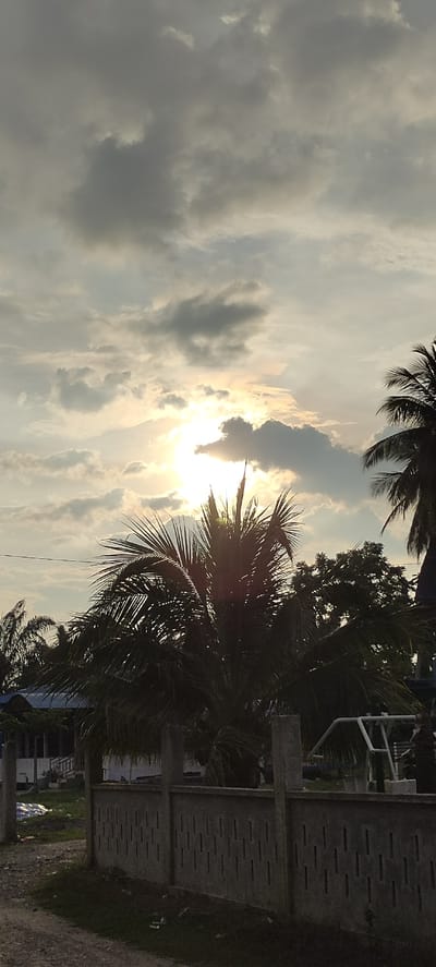 The image depicts a sunset scene in Meunasahaluedrienlhoksukon Barat, Indonesia. The sun is partially obscured by clouds, casting a warm glow across the sky. In the foreground, a palm tree with its fronds silhouetted against the bright sky dominates the center of the frame. A low concrete fence with decorative cutouts runs across the lower portion of the image, separating a dirt path from a grassy area where a building with a blue roof is visible in the background. Other trees and foliage are scattered throughout the scene, adding to the tropical atmosphere. The overall impression is one of a peaceful, natural setting illuminated by the fading light of the day.