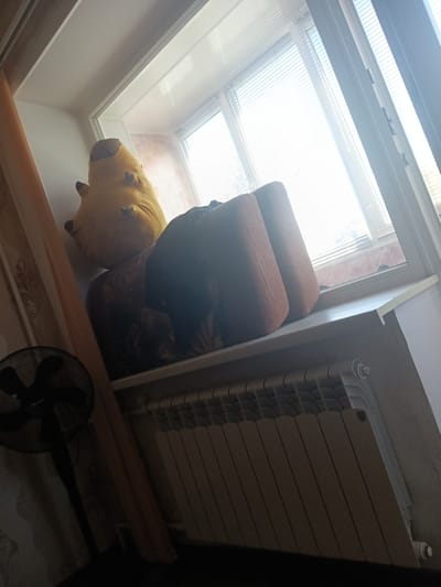The image depicts an interior scene, likely a room with a window and a radiator. A stuffed yellow animal is placed on top of two brown cushions on a windowsill. A black fan stands to the left of the frame, near a curtain. A white radiator is visible below the windowsill, and the window itself is covered with blinds, with sunlight streaming through. The image does not contain enough information to determine the location within Kuznetsk, Russia.