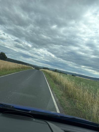 This media file shows a view from inside a vehicle, looking out at a rural road in Germany. The road is asphalt and has a white line marking the edge. To the right of the road is a grassy field with some dry, tall grass. Further in the distance, there is a line of trees and a gentle hillside. The sky is filled with dramatic, dark gray clouds, suggesting overcast weather. The lighting is dim, indicating it is likely daytime, but the overcast conditions create a somewhat somber mood. The image is oriented vertically, suggesting it was taken while the vehicle was in motion, possibly on a winding road. The interior of the vehicle is visible on the right side of the frame, with a blue frame and a dark gray surface. There is no text visible in the image.