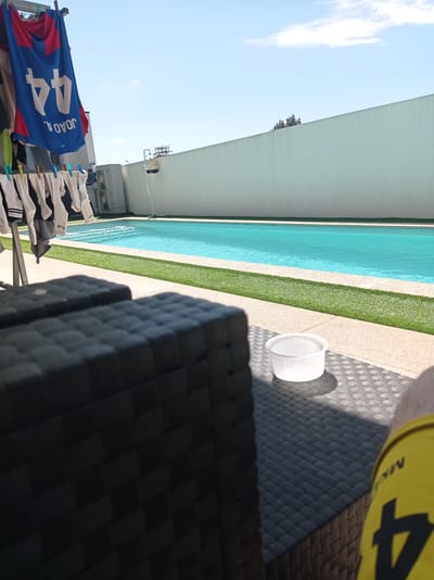The scene depicts an outdoor residential area in Felgueiras, Portugal, under bright daylight. The perspective is from a low vantage point, likely from a seated position.
In the immediate foreground, a dark-colored, woven outdoor furniture surface (possibly a tabletop or armrest) is visible, partially obscuring the lower-left and central portions of the view. To the left, a metallic clothes drying rack stands, displaying various items of laundry. Notable items include a blue and red sports jersey with the upside-down text "JOÃO A." and the number "44" in white, along with multiple pairs of white socks and other light-colored garments attached with clothespins. In the lower-right quadrant, a portion of a human leg is visible, clad in yellow shorts or swimwear featuring a black number "4" and partial text that appears to be "MIK".
The midground features a rectangular swimming pool filled with clear blue water, reflecting the sunlight. The pool is bordered by light-colored paving, beyond which a strip of green artificial turf runs parallel to the pool's edge. A small, white, cylindrical plastic basket with a ribbed exterior rests on the dark woven surface, casting a shadow to its right. Beyond the pool, against a white exterior building wall, two outdoor air conditioning units are mounted. A thin pole with a small basket-like attachment is visible near the far end of the pool.
The background is dominated by a tall, plain, light-colored (possibly off-white or light grey) perimeter wall that spans horizontally across the upper portion of the scene. Above this wall, the tops of several trees or dense foliage are visible. The sky is clear blue with sparse white clouds, and a faint aircraft contrail is discernible in the upper sky.