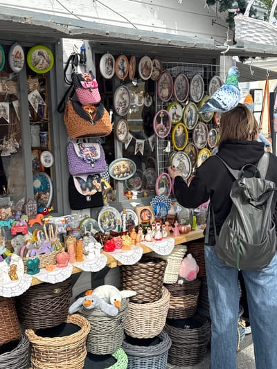 In Arzamas, Russia, a person with light brown hair, wearing a black jacket, blue jeans, and a gray backpack, examines small, oval-shaped decorative plates displayed on a metal rack. The rack is part of a multi-tiered display of handcrafted items including knitted bags, small figurines, and baskets. The display is located outdoors, potentially as part of a market stall or shop. The background reveals portions of a building and other indistinct elements.
