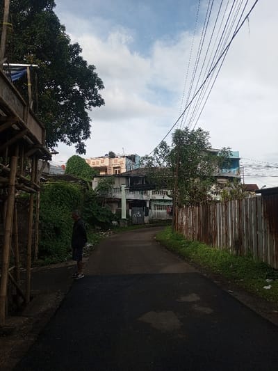 A narrow, newly paved road winds through a residential area. Buildings are seen in the background, partially obscured by lush greenery. An older man in casual clothing stands on the left side of the road. A bamboo structure is next to him. A weathered, corrugated metal fence lines the right side of the road. Power lines crisscross the sky above, contributing to the scene's cluttered urban atmosphere. The sky is overcast.