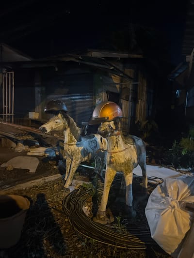 In Thung Tako, Thailand, two weathered, white, horse-shaped statues stand in a dimly lit, outdoor environment. Each statue is adorned with a different colored helmet atop its head: one black, and the other orange and yellow. The statue on the left faces left, while the statue on the right faces forward. They are positioned amidst debris, including what appears to be corrugated metal sheets and rebar coiled on the ground. In the foreground, a large, white, plastic bag is visible on the right side of the image. The background suggests a building with a corrugated metal roof and shutters. The scene is captured at night, indicated by the darkness and the illumination provided by artificial light sources, casting shadows.