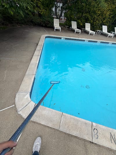The image shows a partially above-ground swimming pool being cleaned with a leaf net attached to a long pole. The pool water is blue but contains scattered leaves and debris. The pool's edge is marked with depth indicators; the visible depth is 8 feet. Adjacent to the pool are several white lounge chairs and greenery. A person wearing grey sneakers stands by the pool, holding the pole. The location is Edison, United States of America.