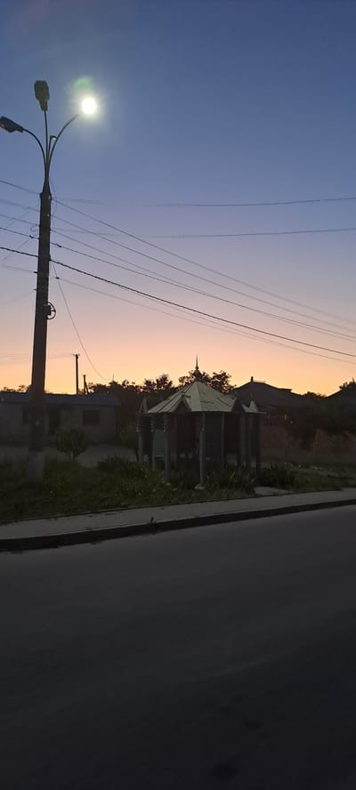 The image depicts a street scene in Rădoaia, Moldova, during dusk. The sky transitions from a clear blue to a soft orange and pink gradient, indicating the setting sun. In the foreground, a lamppost with two lights stands tall, one brightly illuminated, casting a green lens flare. Power lines stretch across the sky, connecting to the lamppost and disappearing towards the right.
To the right of the lamppost, a paved road runs parallel to a sidewalk. Beyond the sidewalk, there are several low-rise buildings, possibly houses, with dark roofs and visible windows. Some of these structures appear to have peaked roofs, one with a spire-like finial. Lush green vegetation and trees surround the buildings, with some foliage obscuring parts of the structures. The overall atmosphere is tranquil and calm, suggesting a quiet evening in a residential area. There is no visible text in the image.