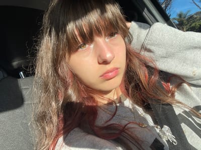 A young individual, appearing female, is depicted from the chest up, seated inside a vehicle. She has light skin, long brown hair with prominent reddish/pink highlights, and green eyes, accentuated by strong natural light falling from the right side of the frame. Her bangs are swept across her forehead. She is wearing a light grey long-sleeved sweatshirt and a black seatbelt diagonally across her chest. Two necklaces are visible: a thin gold chain and a silver chain with a detailed silver elephant pendant featuring a white, possibly iridescent, stone. Her left arm is raised, with her hand positioned near her head, resting against an unseen surface likely the car's interior. Her expression is neutral, and she looks directly towards the camera. The interior environment includes a dark grey fabric car seat visible on the left side of the frame. Through the window on the right, blurred green foliage and a bright blue sky indicate an outdoor setting during daylight hours. The specific location within Ndlambe Local Municipality, South Africa, cannot be determined from the visual information provided, but the scene is consistent with travel within the municipality.