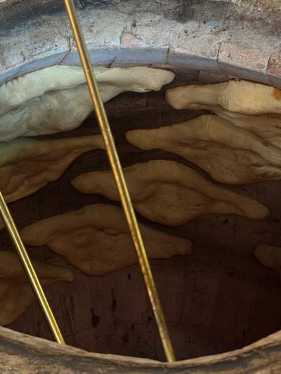 The image captures the interior of a traditional oven, likely a *tonir*, used for baking bread, located in Tsovagyugh, Armenia. Several pieces of light-colored dough, appearing to be in various stages of baking, are adhered directly to the rough, dark, brick or stone walls of the cylindrical oven. The dough pieces are irregularly shaped, long, and somewhat flattened, with some areas showing a slightly browner, cooked texture.
Two shiny, golden metal bars extend horizontally across the frame, positioned in the foreground, partially obscuring the view into the oven. These bars might serve as a protective barrier or a structural element for the baking process. The interior of the oven is dimly lit, emphasizing the rustic textures of the stone walls and the dough. No people are visible, and the scene focuses on the traditional method of baking bread. There is no visible text in the image.