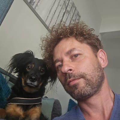 A medium shot selfie shows a man and a dog on a couch. The man, who is in his 40s, has curly brown hair and stubble. He is wearing a blue t-shirt. The dog is a small, black and tan terrier mix with floppy ears. The dog is wearing a black harness with tan trim. The background is a light-colored wall with a framed piece of art depicting abstract lines. The scene appears to be indoors, possibly in a living room. The image does not contain information about the location in the city of Agii Anargiri, Greece.