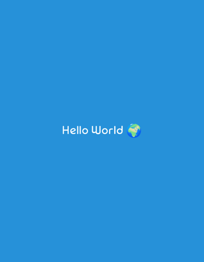 The image displays a static digital graphic on a plain blue background. No physical location, including Shella ward, Kenya, is depicted within the image frame. The environment consists solely of this solid blue digital field. The subjects are white, sans-serif text reading "Hello World," horizontally centered on the blue field. To the immediate right of the text is a multi-colored emoji representing a globe, showing green landmasses and blue oceans. There are no people, physical objects, actions, or interactions present.
