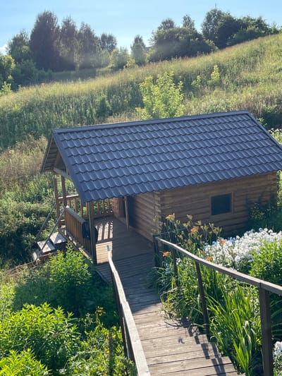 This is an outdoor, eye-level, vertical, medium shot photograph of a small wooden cabin situated on a grassy, tree-lined hill. The cabin, constructed from logs, has a dark gray, pitched roof made of metal shingles. A wooden porch and walkway lead to the entrance. On the porch, a dark garment is hanging on the railing. The surrounding environment is lush and green, with various types of foliage, including flowering plants with white and orange blossoms, and tall grass. In the background, a dense line of trees stretches across the horizon under a clear blue sky. The image appears to have been taken during daylight hours, with sunlight casting shadows across the wooden walkway. The scene is peaceful and appears to be in a rural or natural setting.