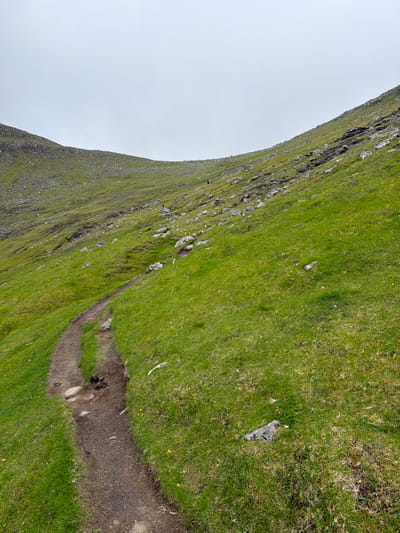 A winding dirt path cuts through a lush, green, grassy hillside on a cloudy day. The path appears worn and slightly eroded in places, with small stones embedded in the dirt. The hillside is gently sloped and covered in dense, vibrant green grass, dotted with small yellow wildflowers. Further up the slope, the terrain becomes rockier, with larger stones and patches of scree. In the distance, a few very small figures can be seen on the hillside, suggesting hikers. The sky above is overcast and a uniform pale gray. The overall impression is one of a remote, natural landscape, likely a hiking trail in a hilly or mountainous region. This specific location is in Tjørnuvík, Faroe Islands, a village known for its dramatic scenery and rugged coastline.