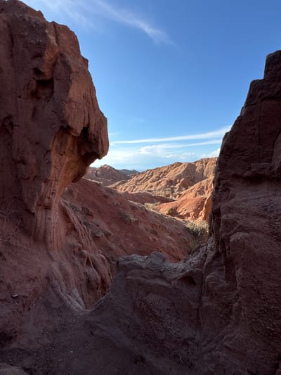 This image presents a dramatic landscape view from within a narrow canyon in Tosor, Kyrgyzstan. The perspective looks upwards and outwards, framed by the dark, imposing rock walls of the canyon in the foreground. These walls, predominantly reddish-brown, are heavily shadowed, revealing intricate textures and strata from erosion.
To the left, a large, textured rock formation looms, with its upper edges catching the bright sunlight, creating a stark contrast with its shadowed base. The right side of the frame shows the equally dark and textured canyon wall receding into the distance.
Beyond the immediate canyon opening, the scene transitions to a sun-drenched midground and background. Here, a series of rugged, layered red rock mountains and hills are illuminated by sunlight, displaying varying shades of red, orange, and brown. Sparse, dry vegetation, appearing as small bushes and wisps of dry grass, clings to the rock surfaces in both the foreground and distant slopes.
The sky above is a clear, brilliant blue, filling the upper portion of the frame. Faint, white, wispy clouds or contrails streak across the blue, indicating a clear, unclouded day. The lighting suggests it is either morning or late afternoon, with deep shadows defining the canyon interior while the distant peaks are brightly lit. No people, animals, or discernible text are visible in the photograph. The image conveys the raw, majestic beauty and geological grandeur of the arid mountainous region.