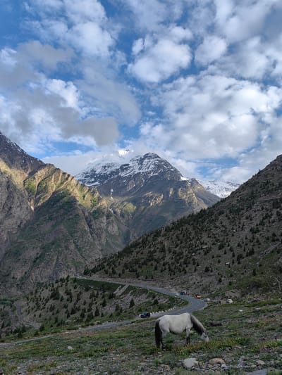 This is a vertical, medium shot photograph of a mountainous landscape in Kead, India. The scene is dominated by towering, rocky mountains, some of which are capped with snow, under a sky filled with scattered white and gray clouds. The sun is casting shadows, suggesting it is either early morning or late afternoon. The weather appears to be fair but with cloud cover.
In the foreground, a white horse with a dark mane is grazing peacefully on a grassy slope. The slope is rocky, with patches of green vegetation. Further down the mountain, a winding road snakes through the landscape, with several vehicles, including cars and a yellow construction vehicle, visible on it. The road cuts through a slope covered in sparse trees and vegetation. The overall mood is serene and majestic, highlighting the beauty of the natural environment and the tranquility of the scene. There is no visible text in the image.