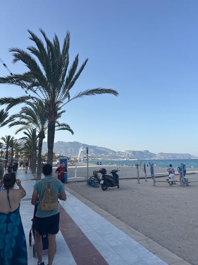 The image depicts a scene along a coastal promenade in l'Alfàs del Pi, Spain, likely near the beachfront. The promenade is paved with light-colored tiles and has a red and white striped border. Palm trees line the left side of the promenade, casting shadows on the path. In the background, the sea is visible, with mountains forming the distant horizon. Several people are walking along the promenade.

In the foreground, a woman in a blue patterned dress is walking away from the camera, while a man wearing a light blue t-shirt and black shorts, with a tan backpack, pushes a stroller. Further down the promenade, a young boy in a red and black striped soccer jersey is running.

The beach itself is visible to the right of the promenade, covered in sand and pebbles. Several pieces of outdoor exercise equipment are set up on the sand. A dark-colored scooter is parked on the promenade near the beach. A few people are interacting with the exercise equipment. The sky is clear and blue. The overall impression is that of a public area on a pleasant day.