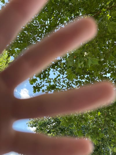 The image is an upward-facing shot of a sky seen through a hand, with green leaves and branches of a tree dominating the frame. The sky is blue with scattered white clouds. The hand, out of focus and with blurred fingers, is positioned in the foreground, partially obscuring the view of the sky and foliage. The scene appears to be outdoors in a natural setting, likely a park or a street lined with trees. The lighting suggests it is daytime, with sunlight filtering through the leaves. There are no discernible details that would indicate a specific location within Bürgstadt, Germany.