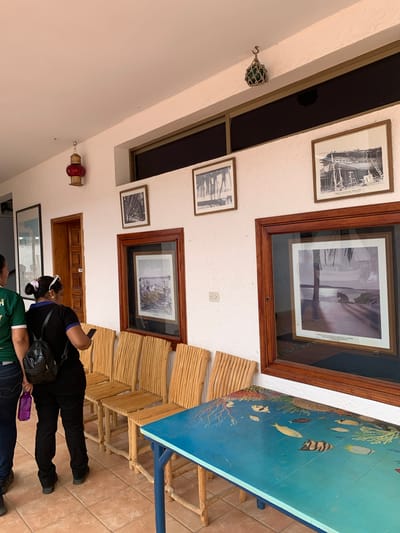 The image shows a covered outdoor walkway with white stucco walls. Several framed pictures are hung on the wall, depicting what appear to be historical scenes or artworks. In the foreground, two individuals are visible. One person, wearing a green shirt and blue jeans, is partially obscured from view. The other person, wearing a black shirt and black pants with a backpack, is holding a purple water bottle and looking at their phone. To the left of the people, there are several rustic wooden chairs lined up. A blue table with a painted marine scene is positioned to the right. A red lantern hangs from the ceiling on the left side of the image, and a glass object encased in netting hangs from the ceiling on the right. The flooring is tiled. The context suggests a public or semi-public space, possibly a restaurant, cafe, or museum in Boca del Río, Venezuela, given the presence of artwork and seating.