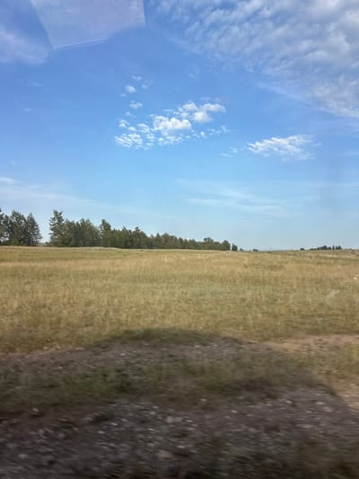 This media file captures a landscape scene, appearing to be taken from a moving vehicle. The image is oriented vertically, displaying a split view of a bright blue sky with scattered white clouds on the left, and a field of dry, golden grass on the right. A line of dark green trees forms a boundary between the sky and the field, suggesting a rural or natural setting. The rightmost portion of the image shows a darker, textured area, possibly a road or path with gravel. The overall impression is of a sunny day, likely during daylight hours, given the bright sky and the quality of light on the landscape. No people, specific objects, or visible text are present. The scene suggests a serene, open environment, typical of a countryside view.