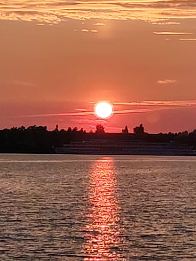 The image captures a sunset over a body of water, likely a river or lake, with a silhouetted treeline and a large ship in the distance. The sky is filled with a warm orange and pink glow, with the sun appearing as a bright white orb just above the horizon. The water reflects the vibrant colors of the sunset, creating a shimmering path of light. The trees on the distant shore are dark and indistinct, and the ship appears to be a passenger vessel with multiple decks. The overall impression is one of tranquility and natural beauty. There are no visible people or specific landmarks that would indicate the exact location within Selivanovo, Russia, but the scene is consistent with a waterfront setting.