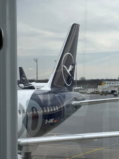 This image captures an airport apron scene at Munich Airport (MUC) in Oberding, Germany, viewed through a window. The primary subject is the rear section of a Lufthansa aircraft (registration D-AIND), likely an Airbus A320neo based on the registration, oriented with its tail facing the observer and slightly to the right. The aircraft's dark blue vertical stabilizer prominently displays the white Lufthansa crane logo, with a white leading edge. The dark blue fuselage transitions forward into a grey and white geometric pattern. Below a row of oval passenger windows, the aircraft's registration "D-AIND" is visible, accompanied by the German national flag and a European Union flag. A significant portion of the aircraft's right wing extends from the fuselage.
In the mid-ground, a second Lufthansa aircraft is visible, also with a dark blue tail and white crane logo, further demonstrating its white fuselage against the overcast sky. The surrounding environment consists of a grey asphalt tarmac surface. Distant airport infrastructure includes tall metal lighting poles, white airport buildings, various ground support equipment such as a yellow cargo loader and stacked cargo containers. A line of bare deciduous trees marks the distant horizon under a uniformly overcast, light grey sky. No individuals or specific actions are discernible within the frame.